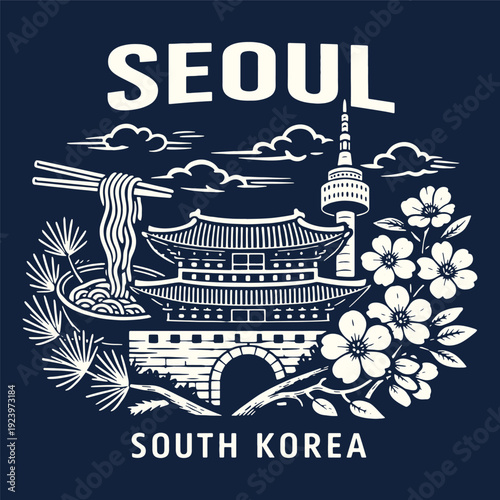 Canvas Print Seoul South Korea City Landmark Vector Illustration Featuring N Seoul Tower Gyeo