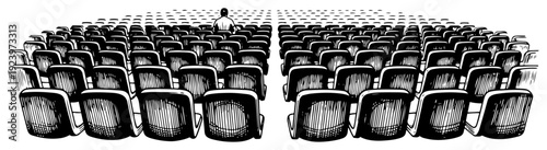 Detailed drawing of rows of empty stadium seats with one person sitting alone
