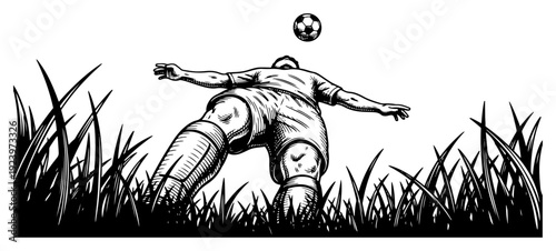 Low angle perspective of a soccer player heading the ball in tall grass field