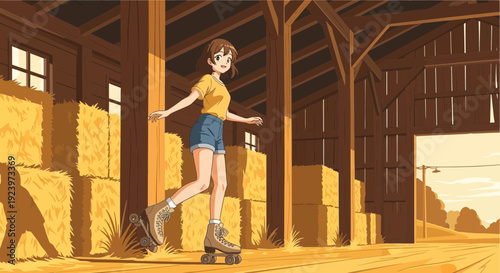 Young woman roller skating with joyful expression.