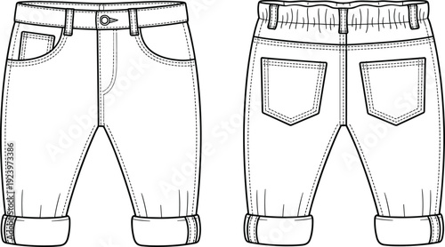 Technical flat of children's denim pants front and back view with cuffed hem and elastic waistband for fashion