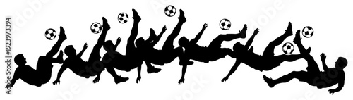 Horizontal sequence of soccer player silhouettes performing acrobatic bicycle kicks with ball