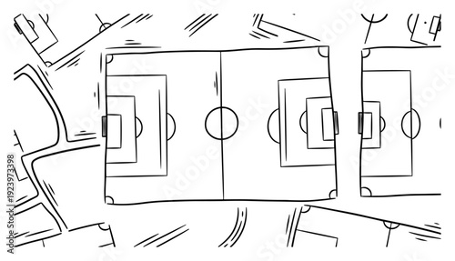 Hand drawn sketch of soccer field layouts and sports tactical diagrams from top view