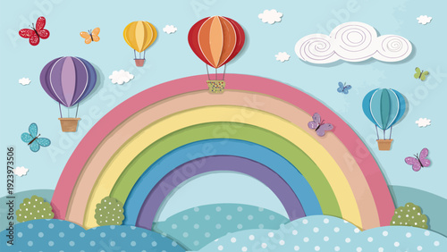 Vibrant rainbow landscape with hot air balloons and butterflies flying