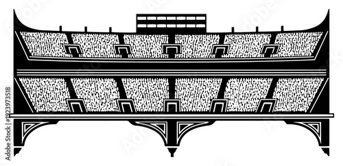 Detailed stadium grandstand silhouette with thousands of cheering fans in arena