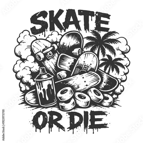 Skate or Die Skateboard Vector Illustration Featuring Stacked Boards Spray Can and Palm Trees in a Gritty Woodcut Streetwear Style