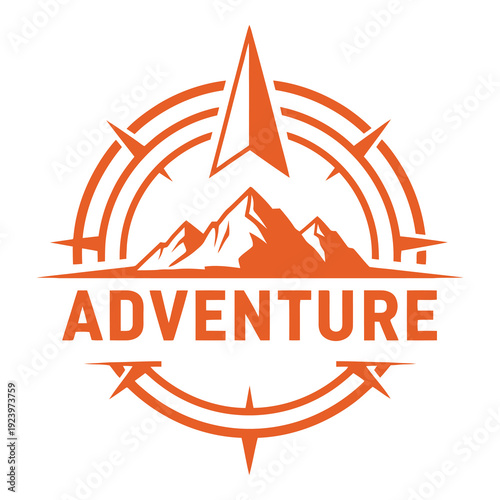 Orange adventure logo with compass and mountain range design icon