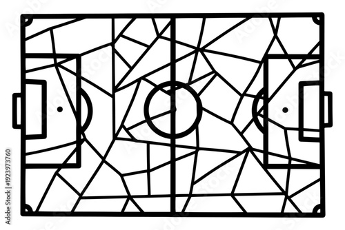 Abstract soccer field blueprint with geometric polygonal lines and mosaic pattern