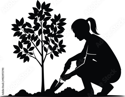 Girl planting young tree silhouette black and white gardening environmental conservation vector illustration eco friendly concept