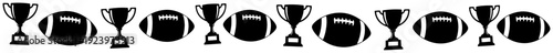 Horizontal repeating border with American football balls and champion trophy cups