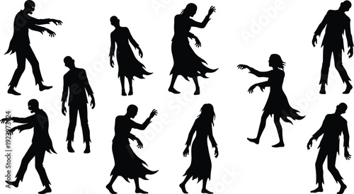 Zombie character silhouette collection featuring walking undead figures, horror Halloween illustration set for spooky, scary, and dark fantasy concepts