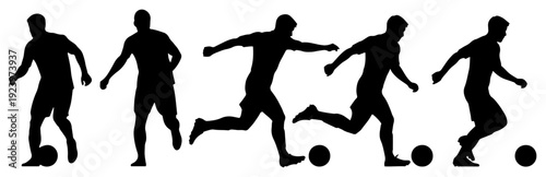 Sequence of five soccer player silhouettes showing running and dribbling action