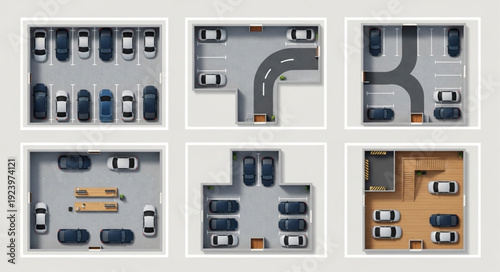 Overhead view of various parking lot layouts with cars parked in different configurations.