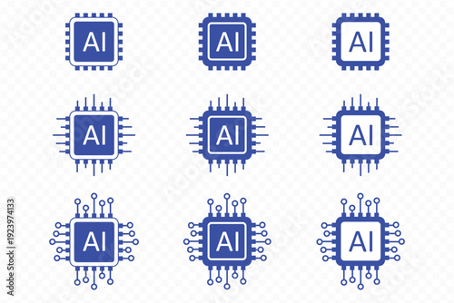 Artificial intelligence line icons set  AI chip neural network security and technology symbols  minimal outline vector collection on transparent background