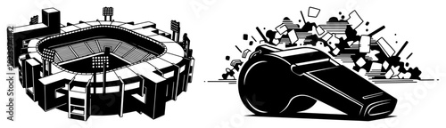 Isometric soccer stadium building and referee whistle silhouette icon set