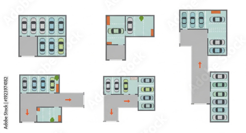 Parking lot layouts showcasing various car parking arrangements and designs for efficient space utilization.