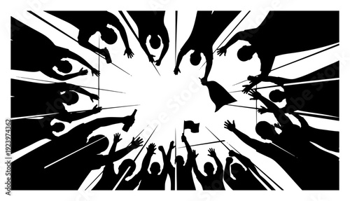 Wide angle silhouette of a crowd reaching their hands up towards the center