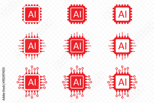 AI brain chip icon set  modern artificial intelligence technology symbol  machine learning vector design on transparent background