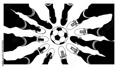 Top view of soccer players standing in a circle with football in middle