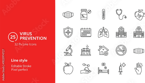Virus prevention medical line icon set featuring healthcare protection, hygiene safety, hospital equipment, and infection control symbols for public health concepts