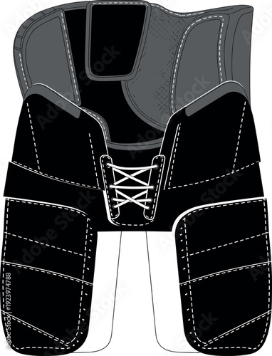 Black and grey vector illustration of professional ice hockey protective pants with lace up front and padded leg guards for sports equipment designArt & Illustration