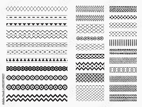 Various decorative borders and patterns arranged in a neat monochrome vector illustration style