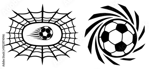 Soccer ball flying into a net and a ball in a spiral vortex graphic