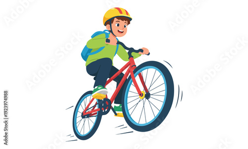 Boy Riding Bicycle with Helmet and Backpack Illustration