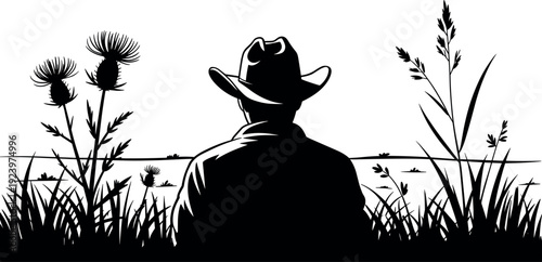 Black and white silhouette of a cowboy wearing a hat looking at a rural field landscape with wildflowers and grass for western country life (25 words)