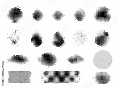 Collection of various grunge textures and splatter shapes displayed against a white background