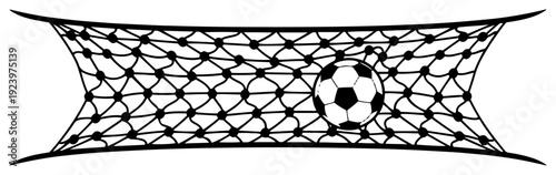 Black and white vector illustration of a soccer ball hitting the goal net