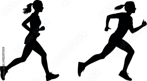 Black and white silhouettes of two athletic women running and jogging isolated on white background for fitness health sports training and active lifestyle concepts (24 words)