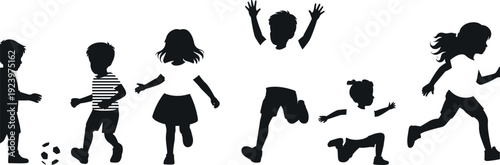 Black and white silhouettes of diverse active children running jumping and playing soccer isolated on white background for childhood development and school sports concepts (25 words)