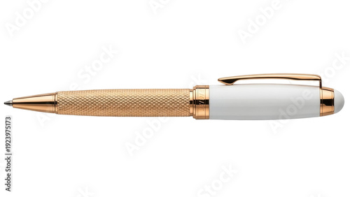 Schilderij op canvas Isolated ballpoint pen featuring a gold checkered barrel and a white cap for wri
