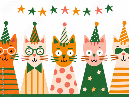 Cute cats in party hats celebrate with festive decorations and a joyful whimsical atmosphere