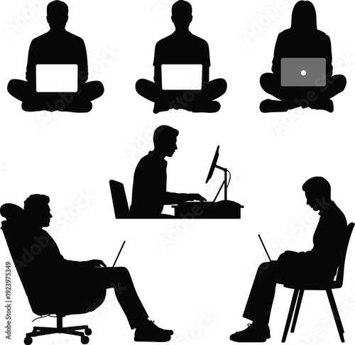 Vector illustration of computer user silhouette collection—symbols for laptop, desktop, work, study, ergonomics, posture, technology, office, remote, and artistic representation