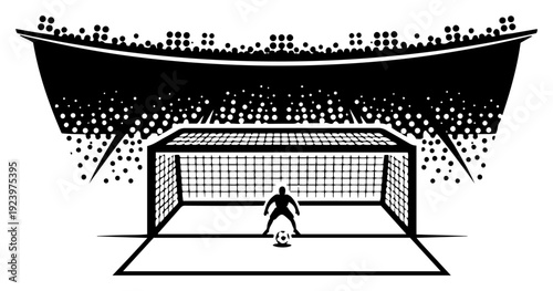 Soccer goal gate and goalkeeper silhouette with full stadium background view