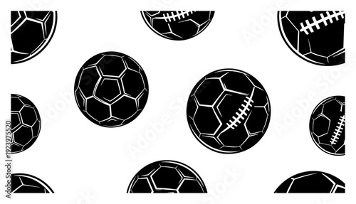 Seamless pattern featuring various soccer and American football balls silhouettes
