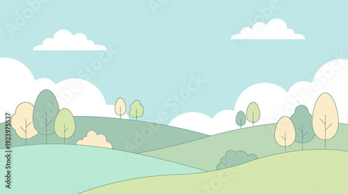 Minimalist Pastel Landscape Illustration with Rolling Hills and Trees