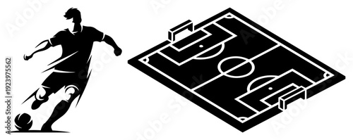 Soccer player in action next to an isometric football pitch layout