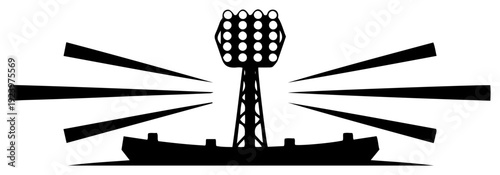 Stadium floodlight tower silhouette with beams of light during sports event