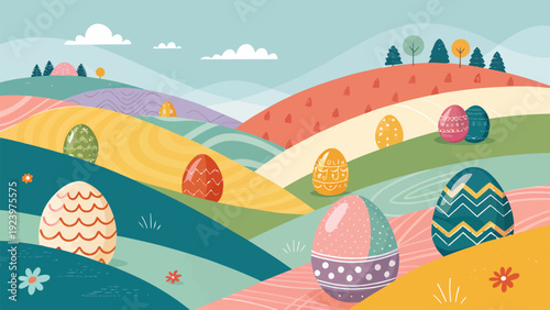 Vibrant Easter eggs in colorful rolling hills with flowers and trees