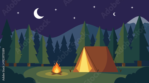 Serene Night Camping Scene with Tent and Campfire Amidst Forest Wilderness Journey