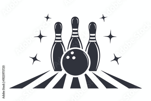 Five bowling pins stand behind a black ball, each with a unique color band