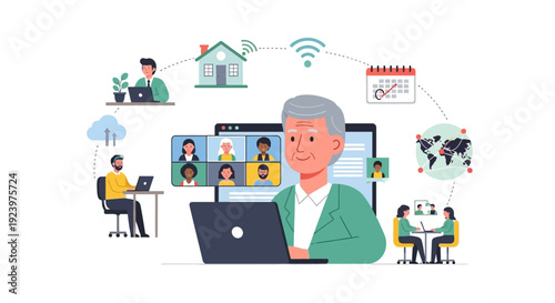 Senior Leader Engaging in Global Hybrid Work Video Conference with Diverse Remote Team, Highlighting Digital Collaboration & Online Meetings