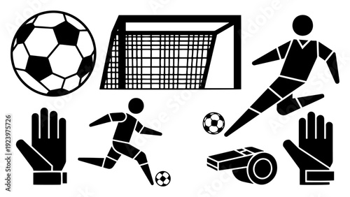 Collection of flat soccer icons featuring players ball goal and whistle