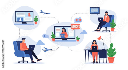 Remote Work and Global Online Collaboration with Content Moderation, Virtual Meetings, and Digital Communication Network