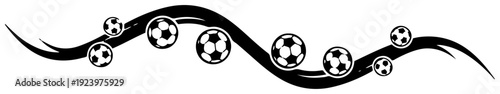 Horizontal decorative wave element featuring several soccer balls in motion