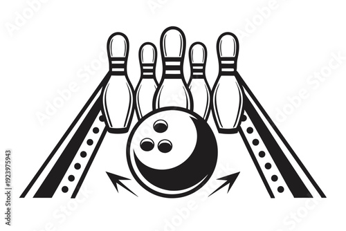 Three bowling pins stand with a single bowling ball in black and white