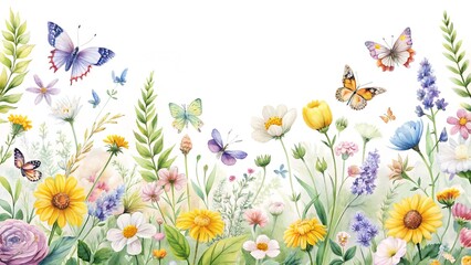 Spring flowers border frame with colorful floral design and butterflies in a beautiful garden illustration